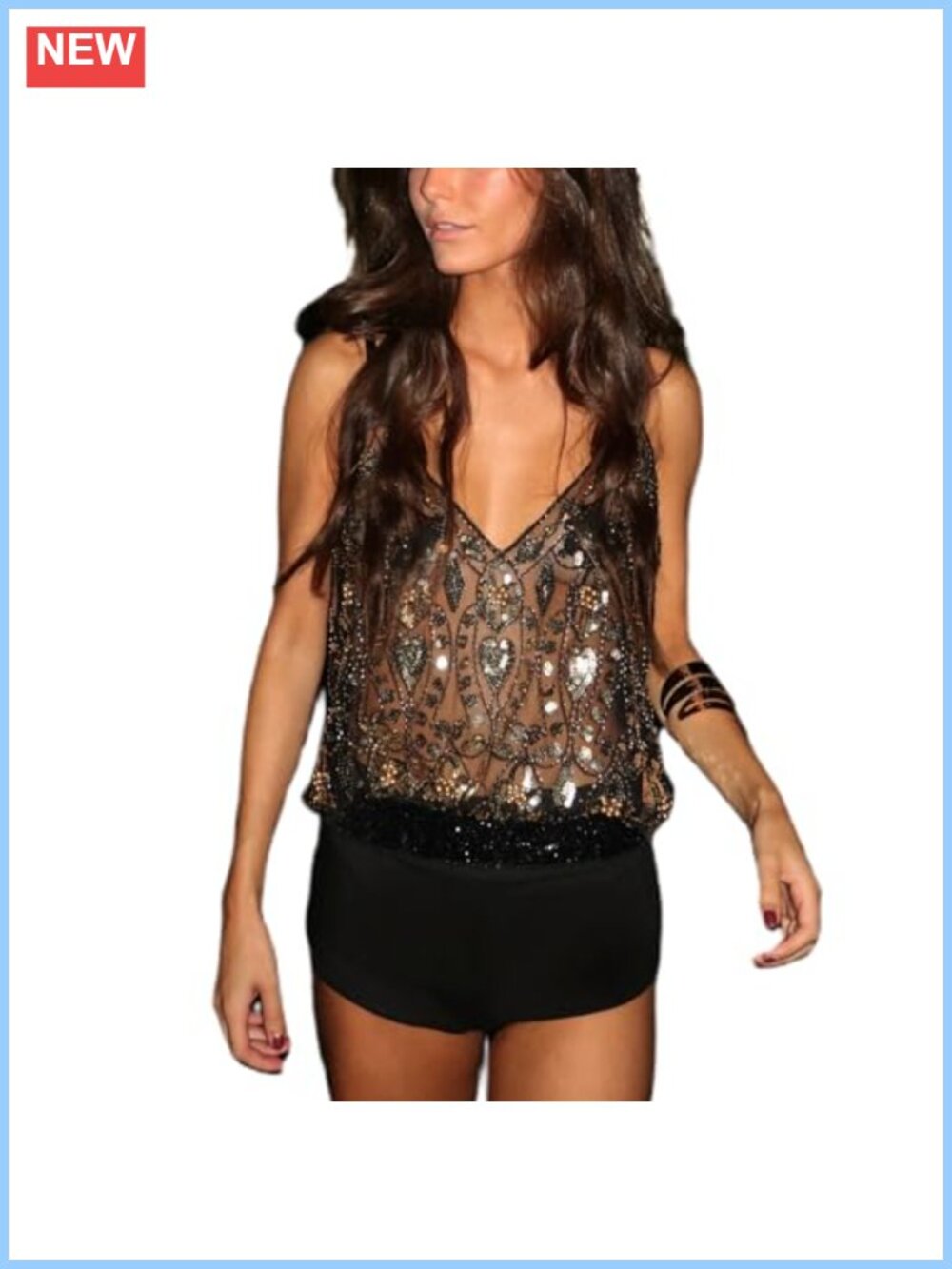 Sequin Cami Top Semi Sheer V Neck Sleeveless Sparkly Rave Bodycon